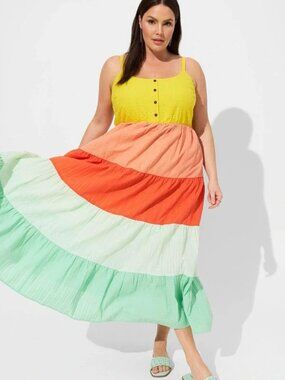 Torrid Colorblock Seersucker Tiered Maxi Dress 1X NWT Plus Size